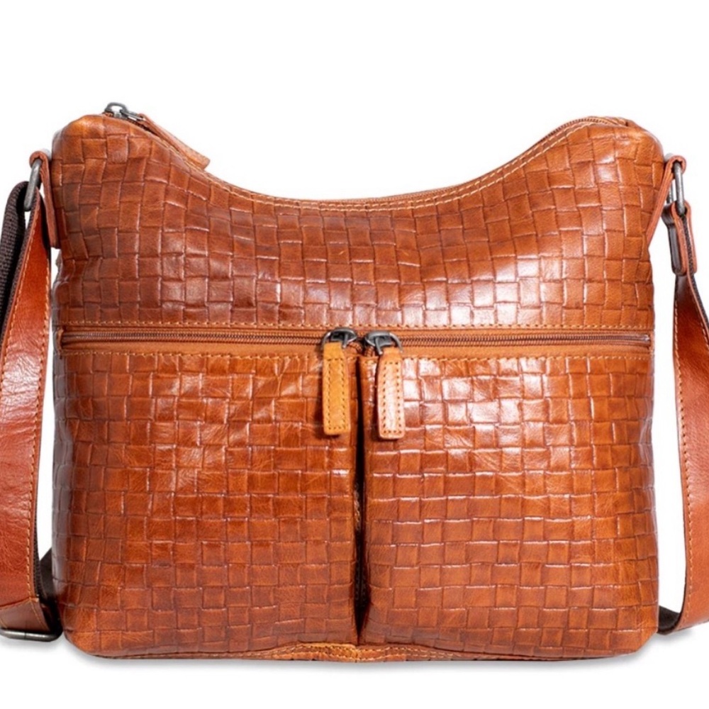 Textured Tan Leather Crossbody Bag with Front Zip Pockets